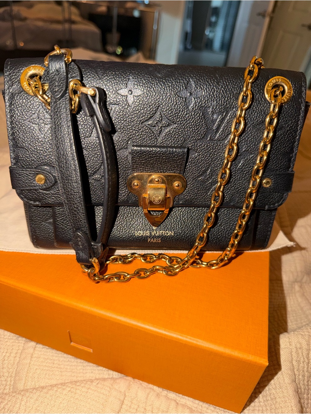 Louis Vuitton Black Monogram Trunk Crossbody with Gold Chain
